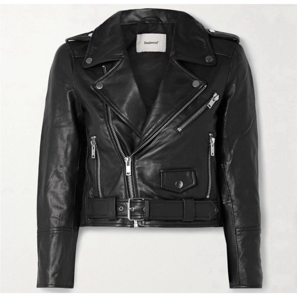 Deadwood Black Leather Moto Jacket with Belted Hem